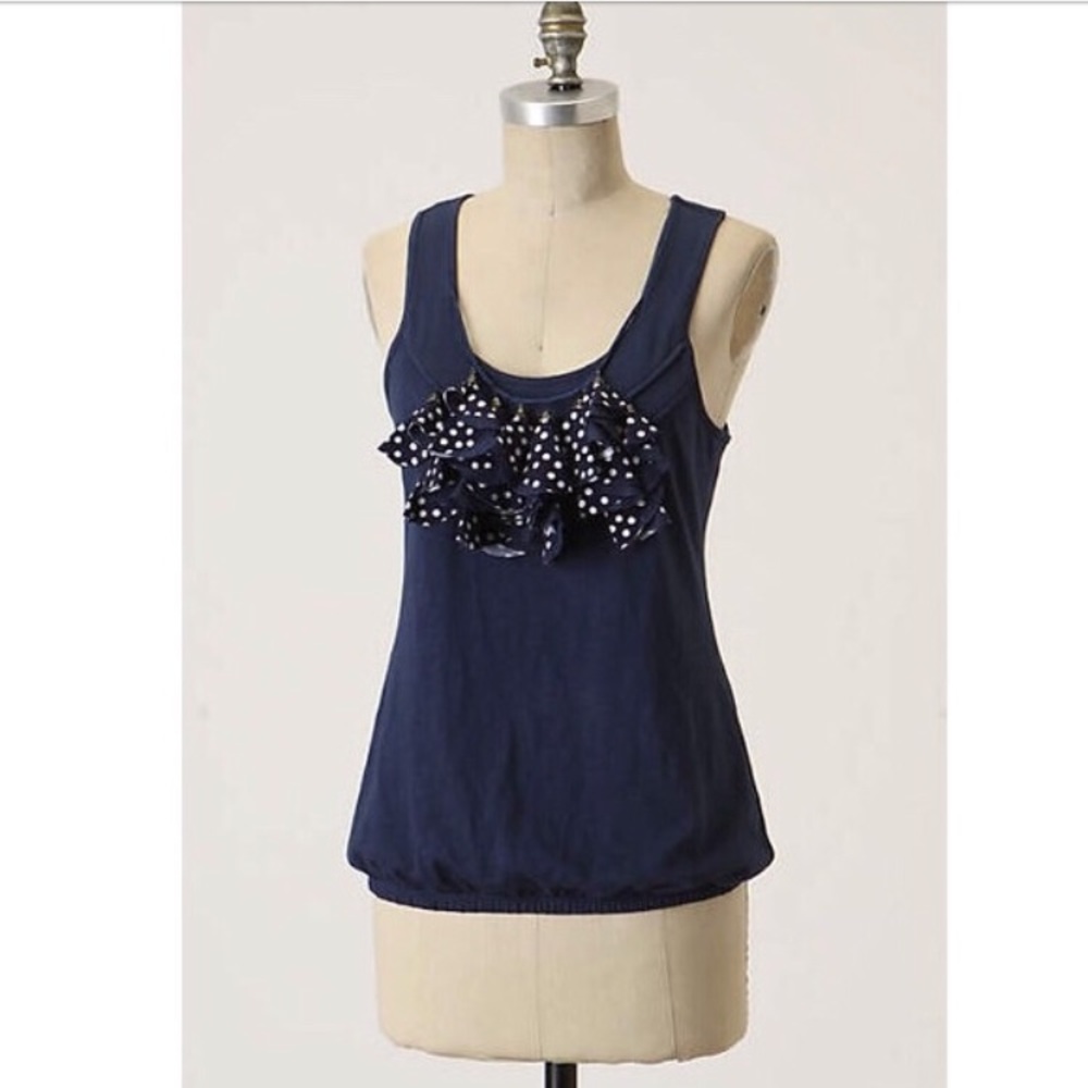 Anthropologie Navy Polka Dot Dangle Ruffle Tank